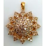 A Sensational Vintage 18K Yellow Gold Diamond Floral Pendant. 40 bright round-cut diamonds