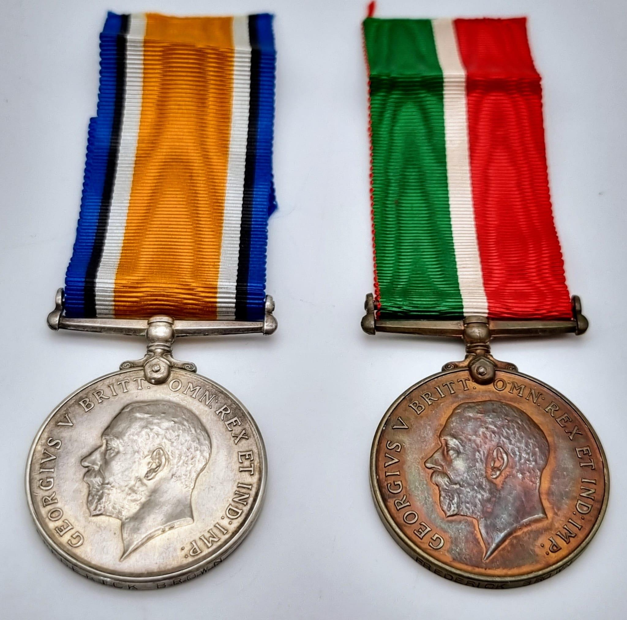 A British War Medal and Mercantile Marine War Medal Pair - Named to Frederick Brown. Brown was a - Image 2 of 6