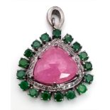 Natural Gemstones Ruby and Emerald Pendant. 12.25cts, Dia-0.35cts.