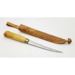 Very Good Condition Finnish Hand Made Fishing Fillet Knife in Decorative. Leather Scabbard 27cm