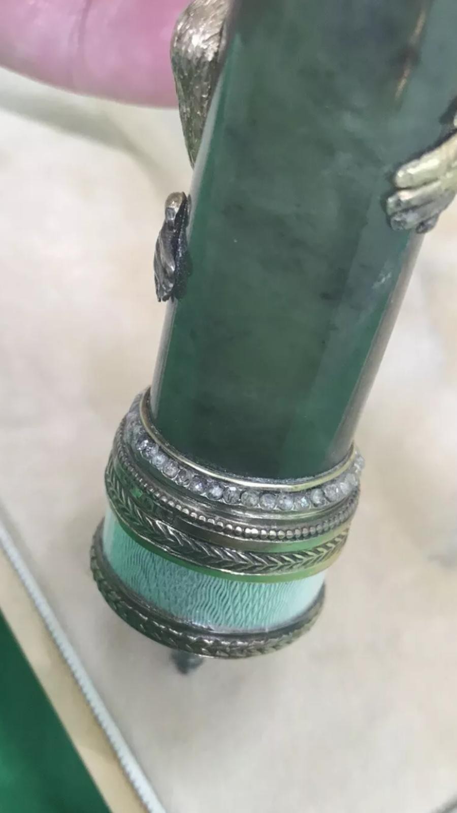 Russian silver enamel diamond nephrite jade parasol/cane monkey handle Weight 199 grams Length 16. - Bild 8 aus 12