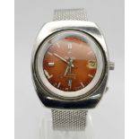 A Rare Vintage Roamer Stingray Automatic Watch. Stainless steel strap and case - 38mm. Gold orange d