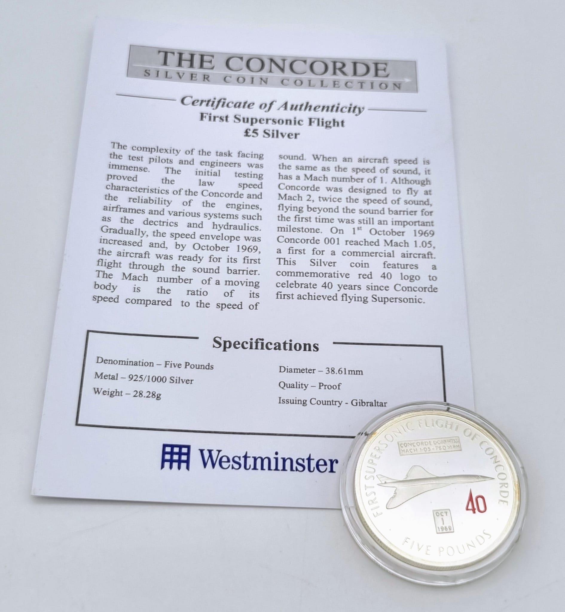 First Supersonic Flight of the Concorde Sterling Silver £5 Coin Mint Condition in Capsule with Certi - Image 3 of 3