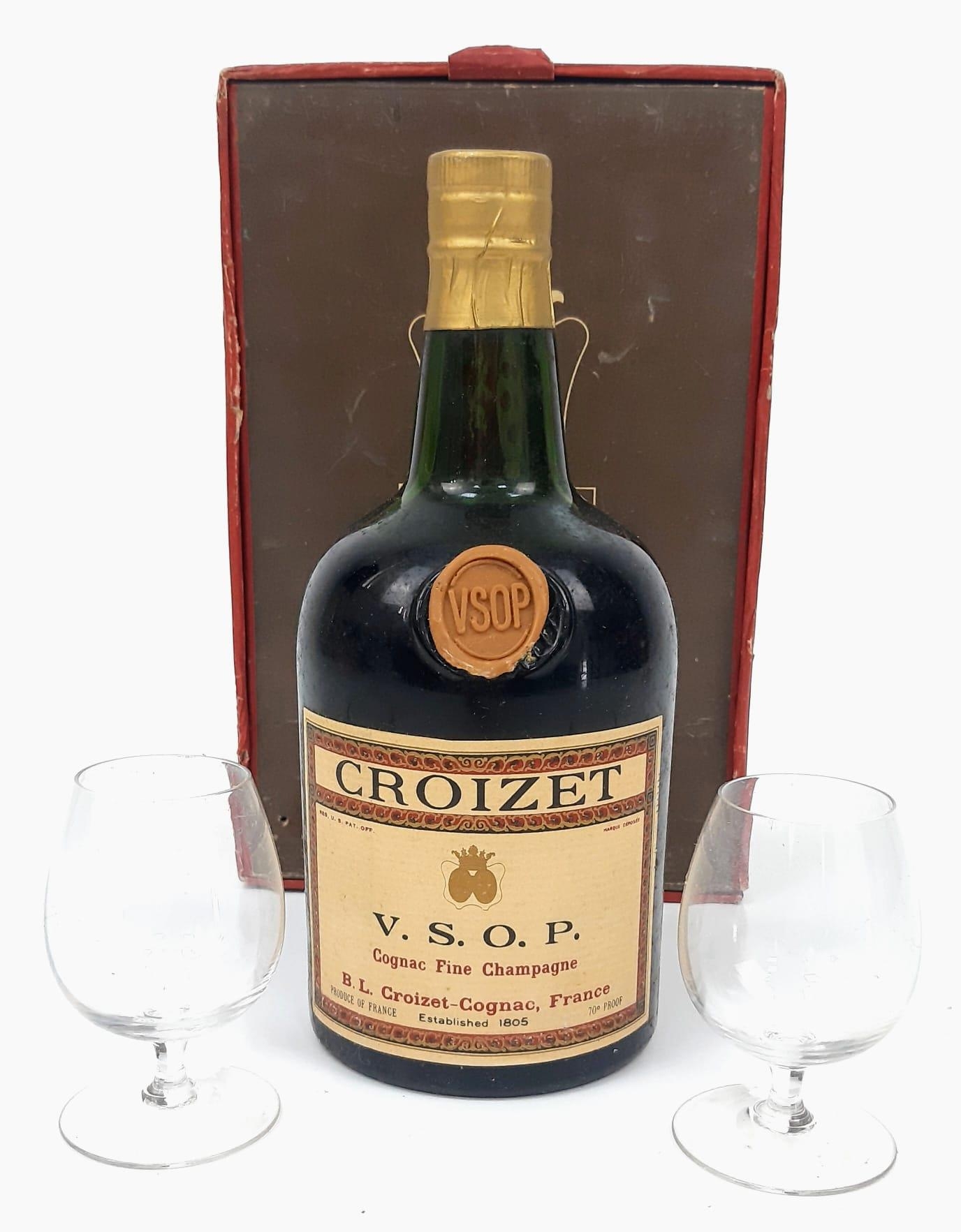 A Vintage bottle of Croizet Congnac VSOP 1960’s, presented with two original glasses in original pac