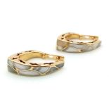 A Stylish Pair of Continental 14k Yellow Gold Mother of Pearl Hoop Earrings. 12.51g total weight.