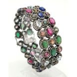 A Ruby, Emerald, Sapphire and Citrine Bracelet set in 925 Silver. Antique Finish with rose cut diamo