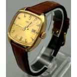 A Vintage Oris Mechanical Gents Wristwatch. Brown leather strap. Gold plated case - 30mm. Gold tone