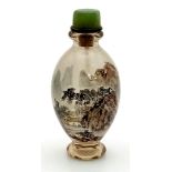 A Small Antique Chinese Glass Perfume or Powder Bottle. Beautiful hand-painted mountain scene with a