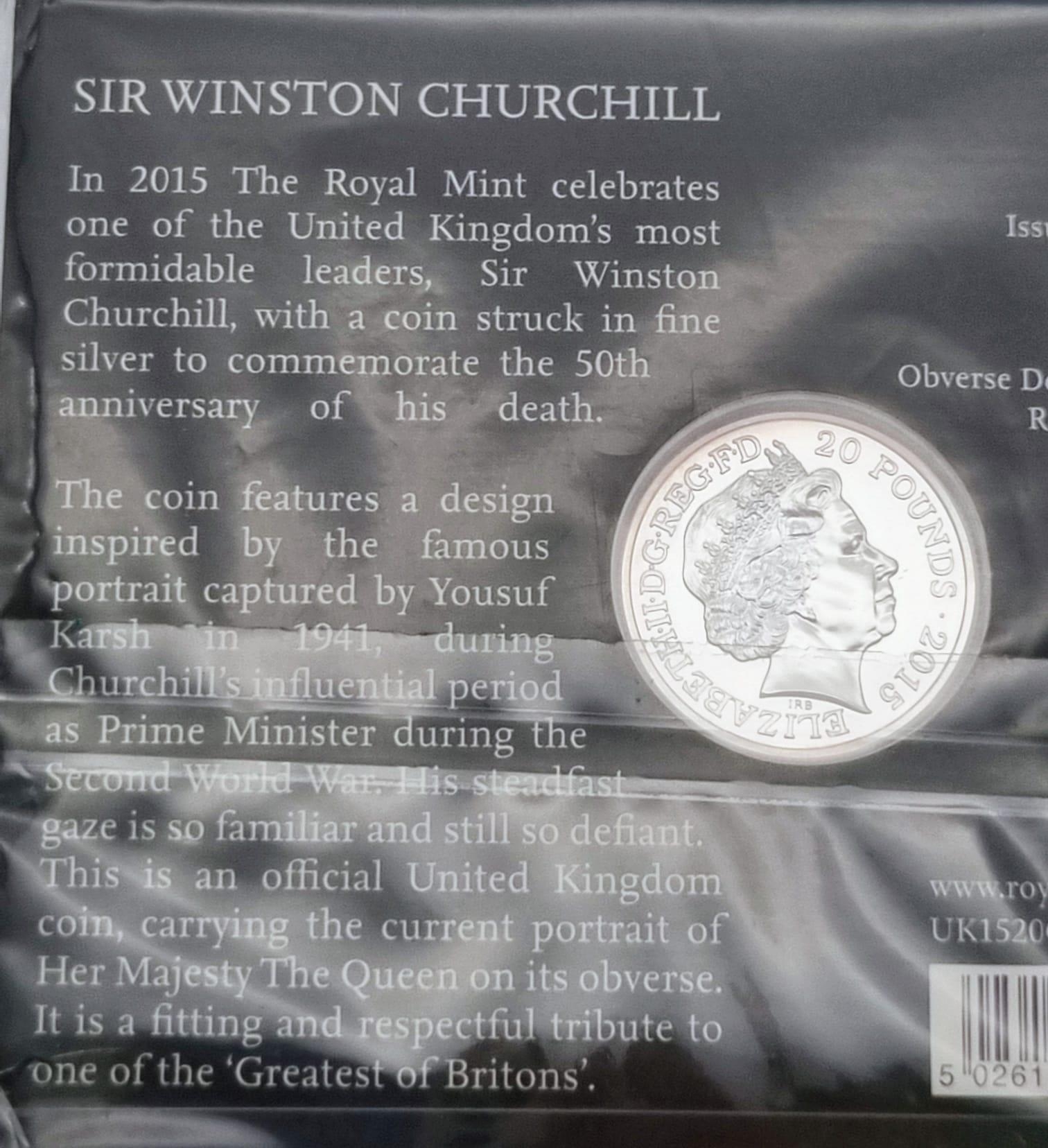 Mint Condition, Royal Mint ‘Sir Winston Churchill’ 2015 £20 Fine Silver Coin in unopened pack - Image 2 of 3