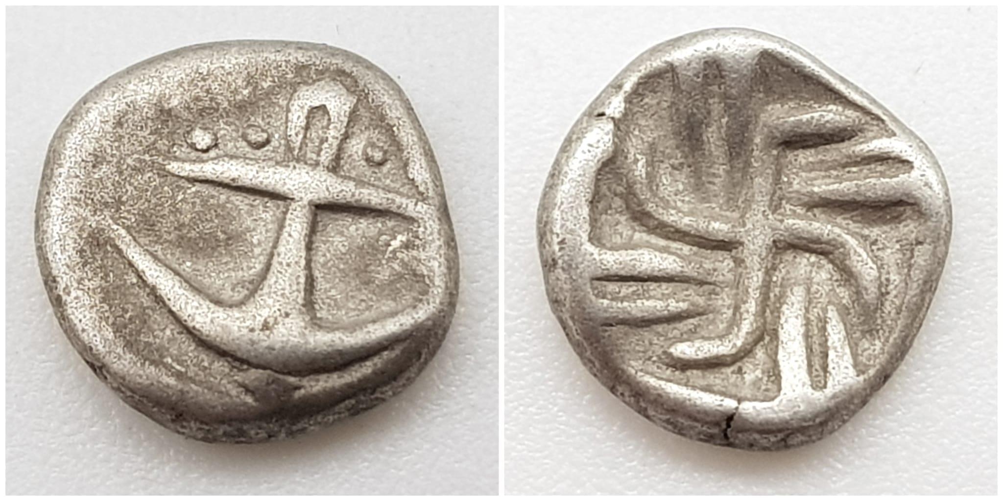 "Ancient Greek Silver Coin Drachma Apollonia Pontika. Anchors and reverse Swastika. 500 - 400 BC, De