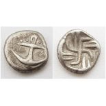 "Ancient Greek Silver Coin Drachma Apollonia Pontika. Anchors and reverse Swastika. 500 - 400 BC, De