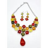 A fabulous multicoloured amber necklace and earrings set. Necklace length: 54 cm (max) earrings leng