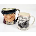 A Royal Doulton character jug and a Wedgwood 150 years of the RNLI mug. A Royal Doulton character