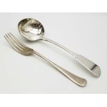 An Antique Small Ladle Silver Spoon and Fork. London and Sheffield Hallmarks. 18cm. 108g
