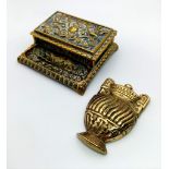 Vintage or Antique Brass Stamp Box (8.5cm square) along with an Urn Shape Brass Paperweight-7cm Tall