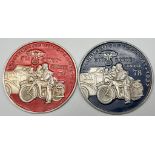 Two Third Reich 1937 Rally Participant Plaques. Blue for motorcycle and red for motorcar. 7cm