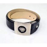 A Versace Black Leather Gents Belt - Buckle with Emblem. Comes with a dust cover. 38 inches. In very