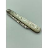 Antique SILVER BLADED FRUIT KNIFE having patterned mother of pearl handle with beautifully