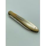 Antique SILVER FRUIT KNIFE having mother of pearl handle with Silver cartouche detail. Clear