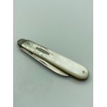 Antique SILVER FRUIT KNIFE having mother of pearl handle and clear hallmark for Charles William