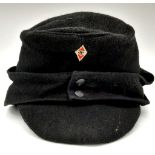 A WW2 German Hitler Youth Boys Field Cap – 2 Button Type with Bevo Woven Badge. The card in the peak