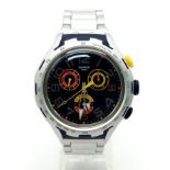 A Swatch Darkony Chronograph Gents Watch. Quartz movement. Black dial with three sub dials. In