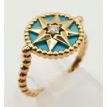 A CHRISTIAN DIOR ROSE DES VENTS RING - 18K YELLOW GOLD DIAMOND & TURQUOISE. SIZE l 1/2 (52) 3.5G.