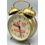 A VINATGE WAKE UP! TO CHIVERS DOUBLE BELL ALARM CLOCK. AS FOUND. HEIGHT 18CM