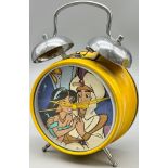 A YELLOW VINTAGE ALADDIN DOUBLE BELL ALARM CLOCK. HEIGHT 18CM. AS FOUND.