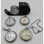 Four Vintage White Metal Pocket Watches and a Stopwatch. A/F.