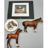 A Selection of Various Horse Collectables. 2 Beswick Horses, A Liverpool Road Ceramic Plate and a