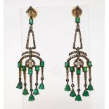 An Antique-Styled Pair of Emerald And Diamond Drop Earrings, set in 925 Silver. Diamond weight -