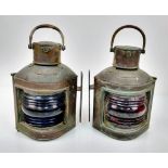 Two Rare Antique Brass Nautical Ship Oil Lanterns - Port and Starboard. Military signs on both. 39cm