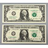 Two High-Grade USA One Dollar Consecutive Serial Number Replacement Notes.