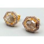 A 2.30ct Pair of Yellow Diamond Stud Earrings in 14k Gold -with .40ct Diamond Accents. 3.1g total