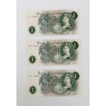 Three LK O'Briern High Grade Bank of England One Pound Notes.