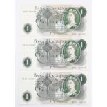 Three High-Grade Consecutive Number JB Page Bank of England One Pound Notes.