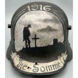 WW1 Somme Found German 1916 Model Stahlhelm Helmet. With post war painted memorial.