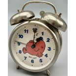 A MR MEN VINTAGE DOUBLE BELL ALRM CLOCK FEATURING MR LAZY. HEIGHT 14CM. IN WORKING ORDER.