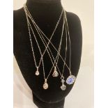 5 x SILVER CHAINS each mounted with a SILVER PENDANT to include jewelled and Delft.