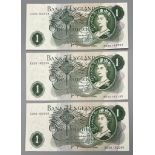 Three High-Grade JB Page Consecutive Bank Of England One Pound Notes.