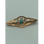 Antique Edwardian 9 carat Rose GOLD BROOCH with Beautiful gold openwork detail, and Turquoise centre