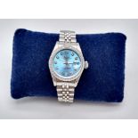 A Gorgeous Ice-Blue Dial Ladies Rolex Oyster Perpetual Datejust. Stainless steel strap and case -