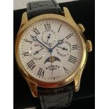 Gentlemans Quartz ROTARY MOONPHASE WRISTWATCH. Multi dial model . Gold plated with Black leather