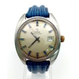 A VINTAGE YEMA WATCH WITH AUTOMATIC MOVEMENT AND STRIKING BLUE LEATHER STRAP.36mm