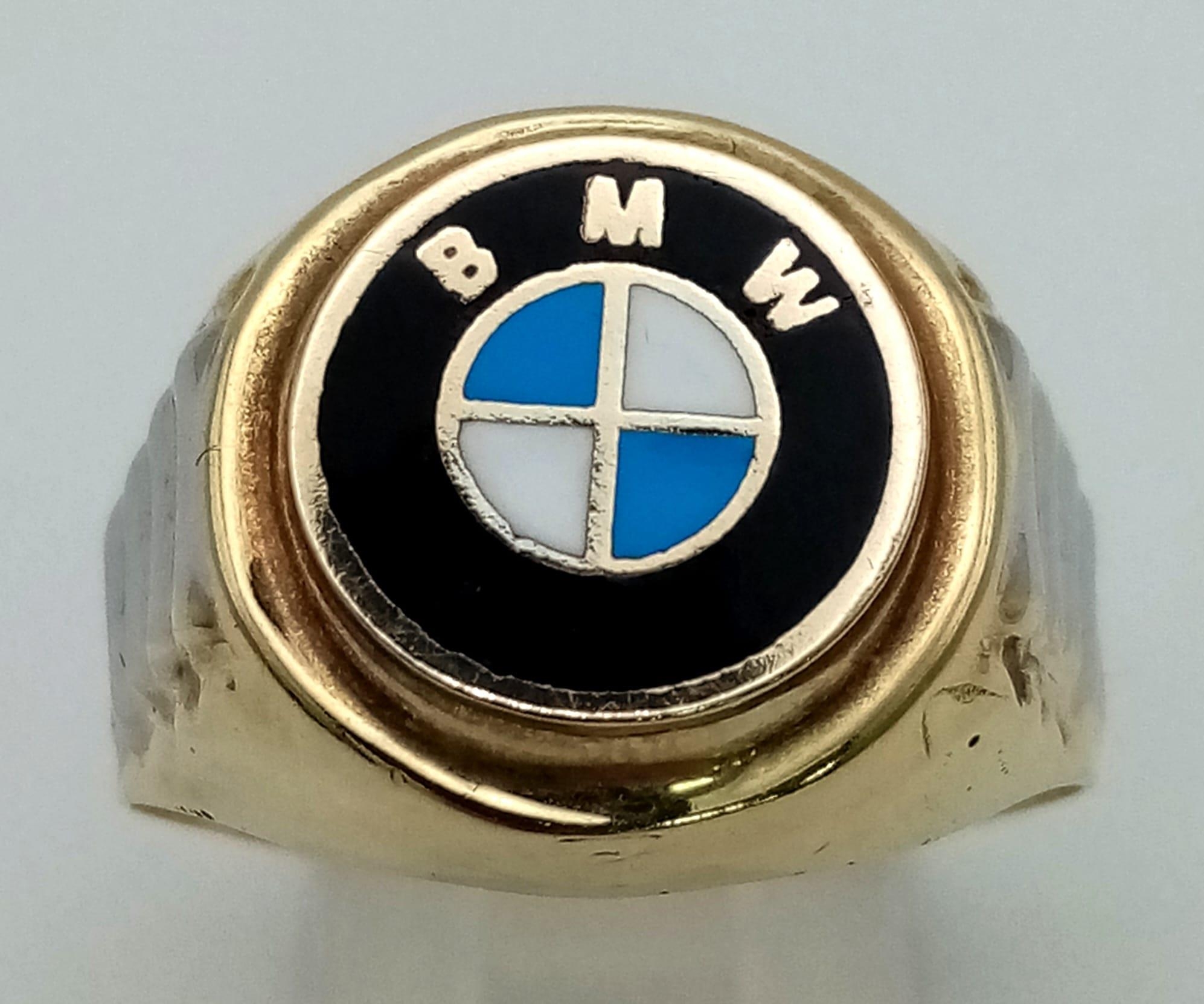 A 14K yellow gold ring with white gold highlights and the BMW logo on top. Ring size: Y, weight: - Image 2 of 5