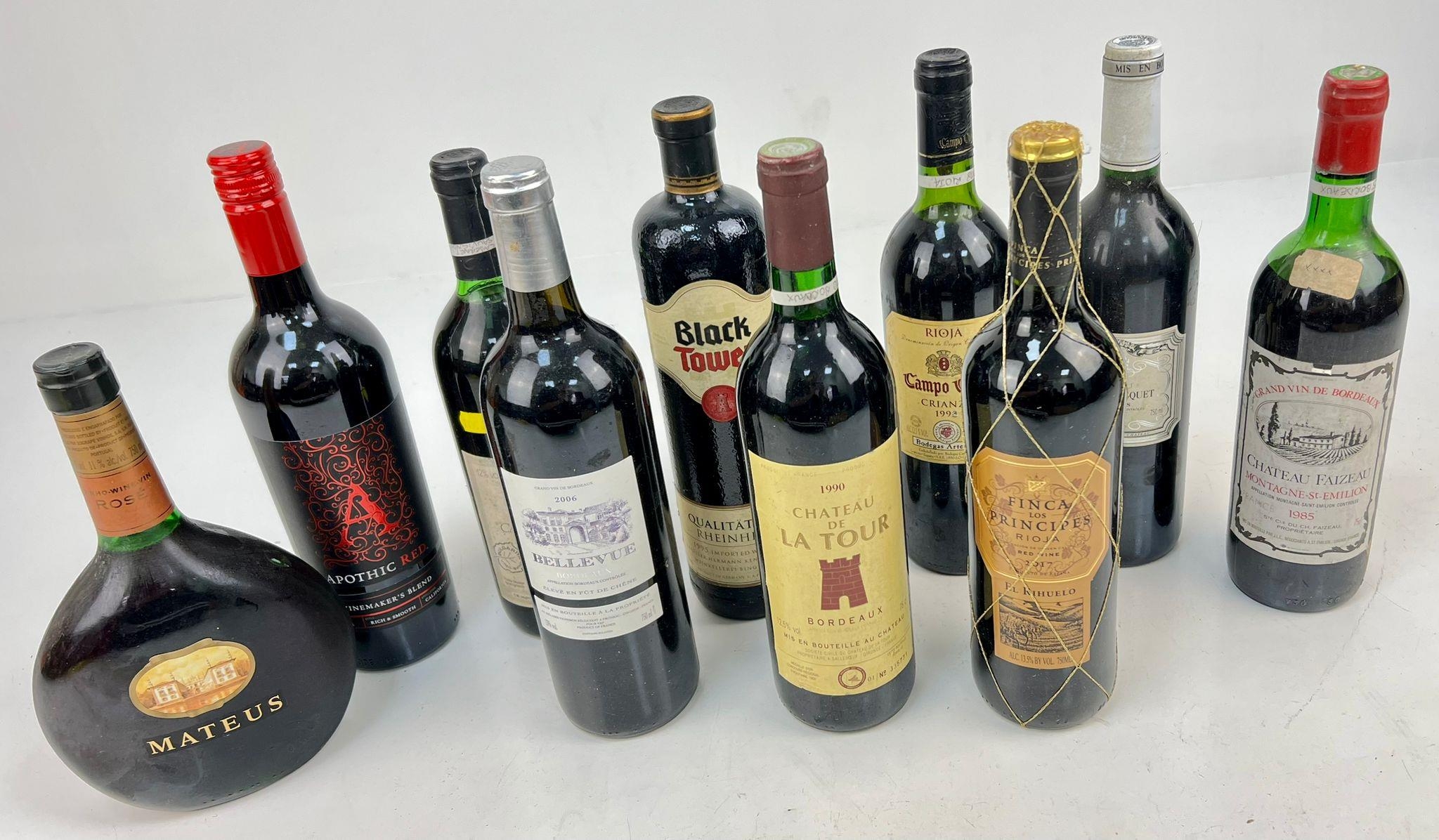 Ten Bottles of Red Wine Including: 1990 Chateau de la Tour, 2006 Chateau Belleview Bordeaux and a