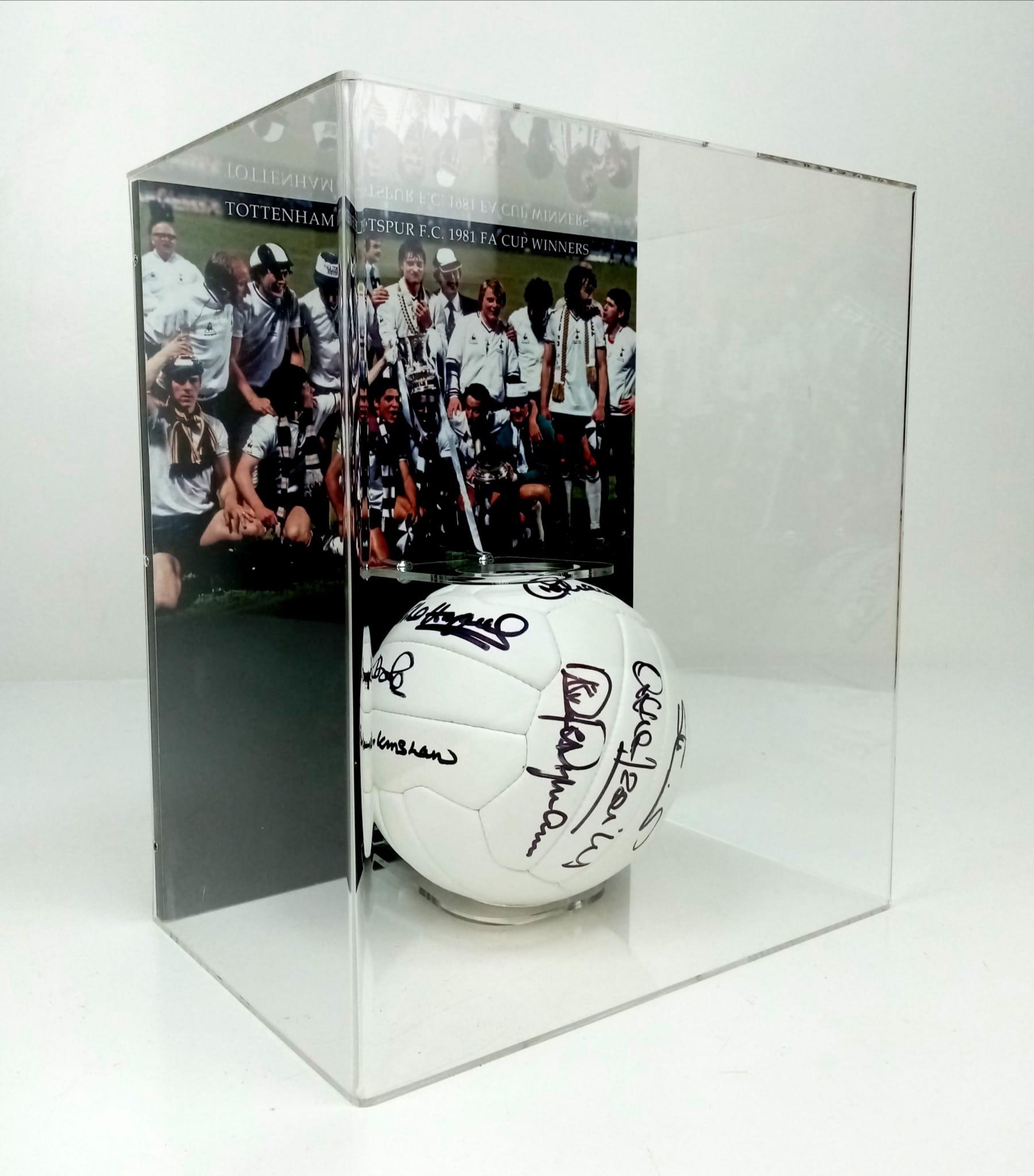 A FOOTBALL SIGNED BY THE TOTTENHAM HOTSPUR 1981 FA CUP WINNING TEAM NICELY DISPLAYED IN A PERSPEX