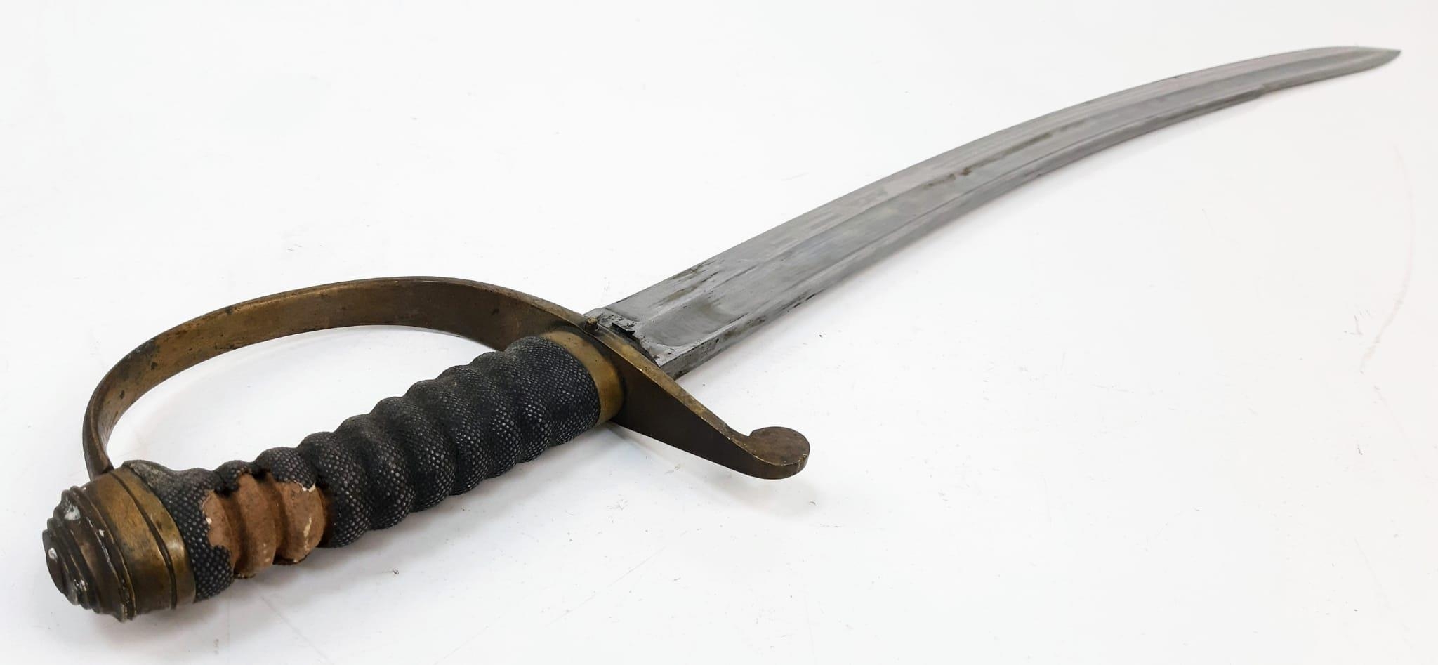 An Antique Military Curved Sabre Sword with Scabbard. Brass hilt. Hard leather and brass scabbard. - Image 5 of 7