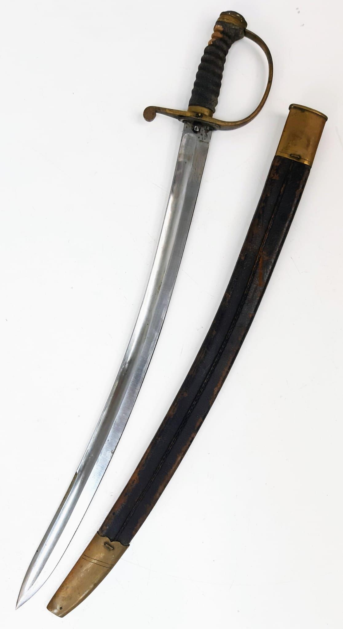 An Antique Military Curved Sabre Sword with Scabbard. Brass hilt. Hard leather and brass scabbard. - Image 2 of 7